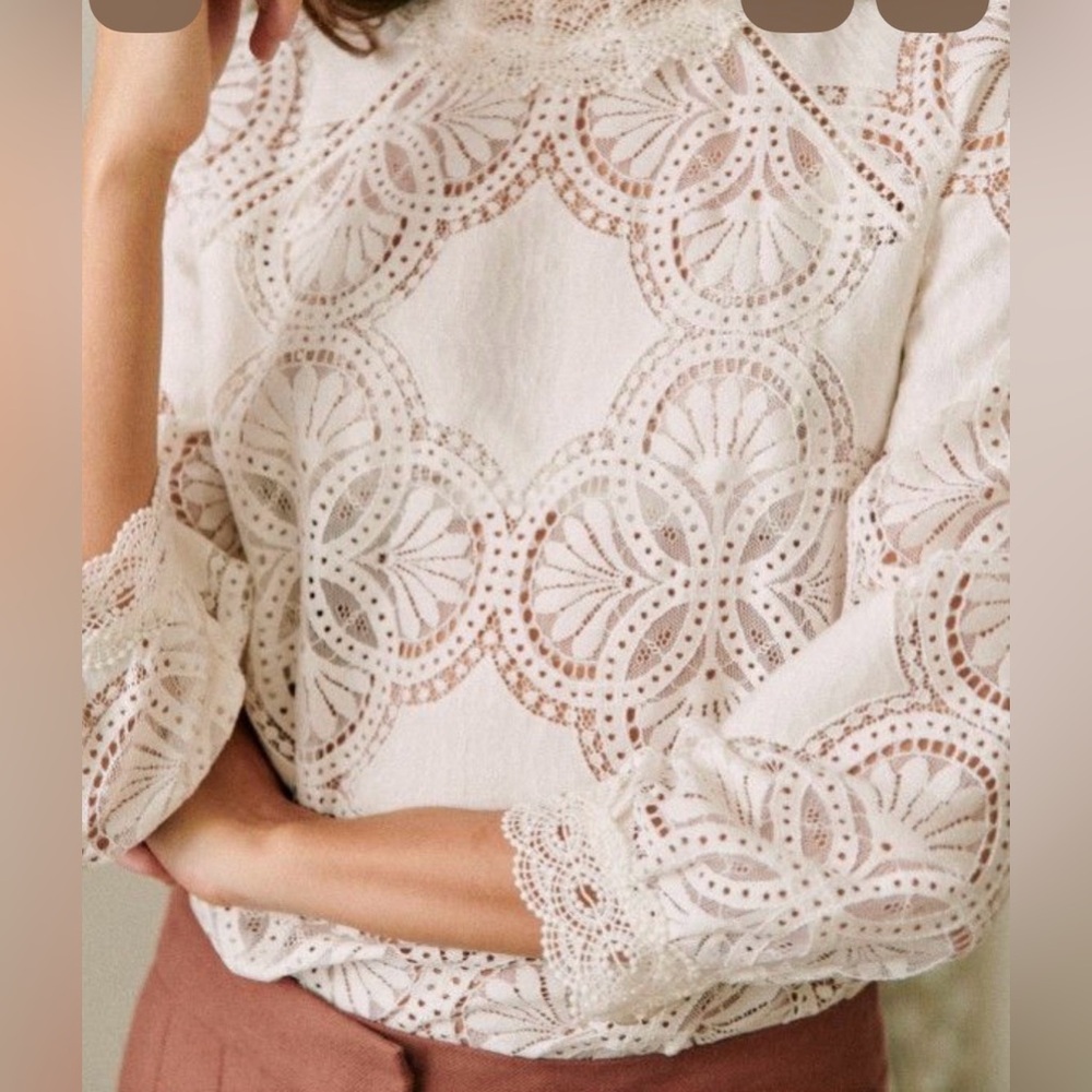 Sézane Bianca Ecru Eyelet Lace Blouse Organic Cotton Size 2 - Picture 7 of 14